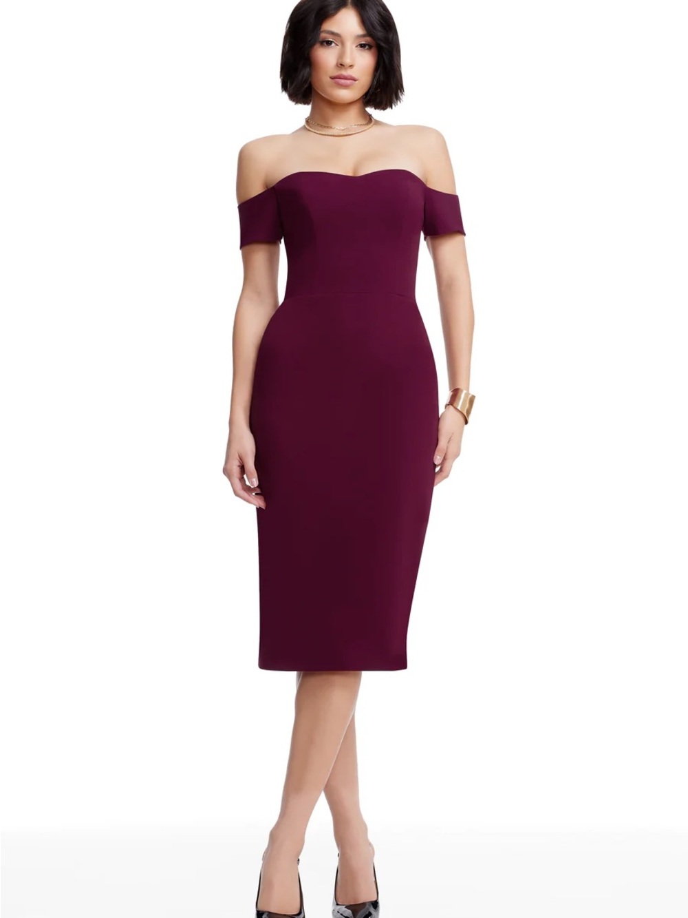 Dress the Population Bailey Off-Shoulder Bodycon Midi Dress in Burgundy